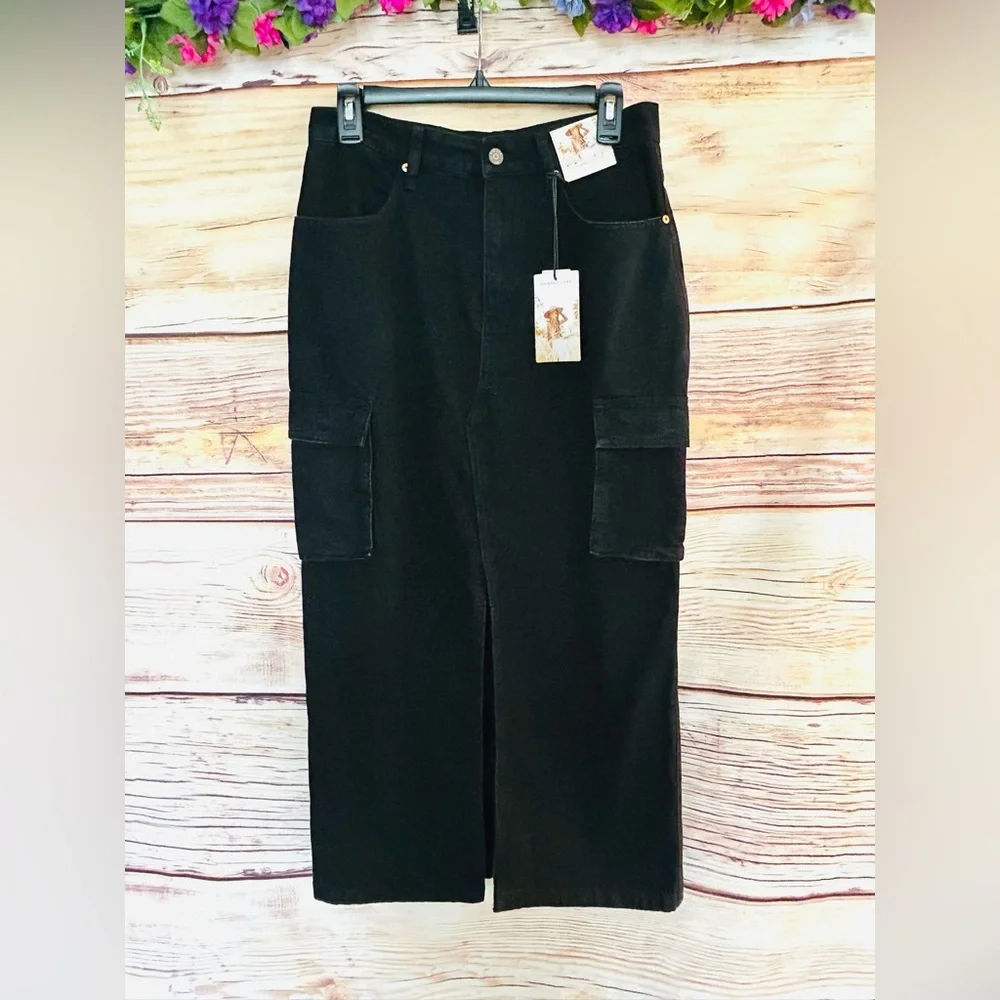 Sincerely Jules Women’s Black Front Slit Cargo Maxi Denim Skirt Size 9/28 NWT